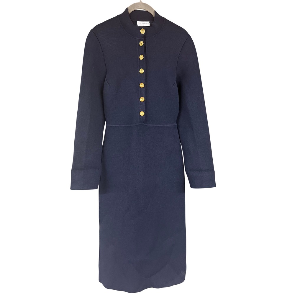 Scanlan Theodore Navy Crepe Knit Gold Button Mock Neck Midi Dress Size Medium